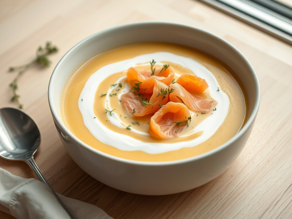 Mosterdsoep met gerookte zalm, AI-gegenereerde illustratie
