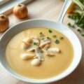 Mosterdsoep met meiknolletjes en gerookte paling