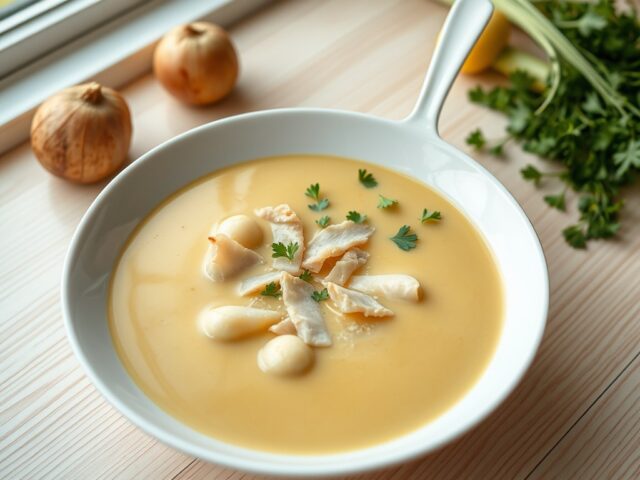 Mosterdsoep met meiknolletjes en gerookte paling
