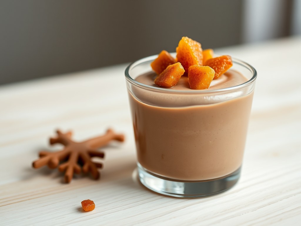 Mousse met melkchocolade en geconfijte stukjes gember, AI-gegenereerde illustratie
