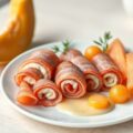 Mousse van beenham in gerookte ham gerold met meloen