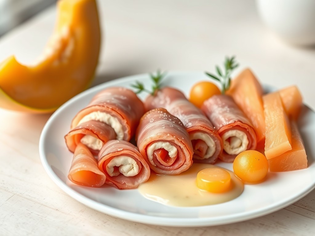 Mousse van beenham in gerookte ham gerold met meloen, AI-gegenereerde illustratie