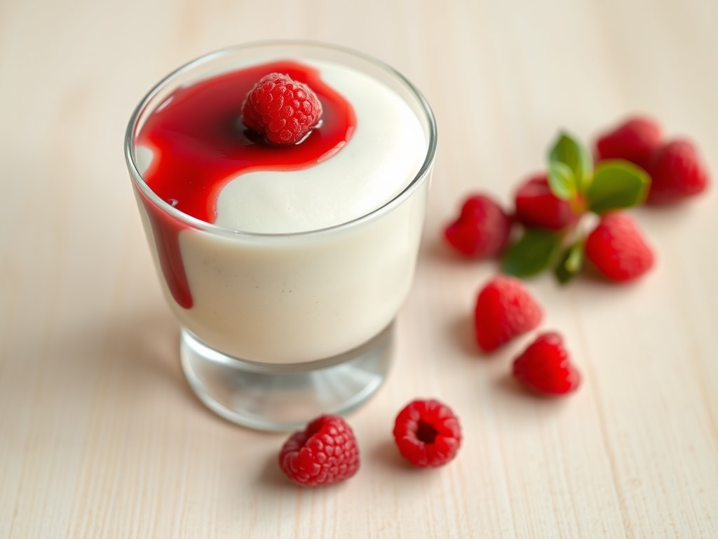 Mousse van marsepein met frambozencoulis, AI-gegenereerde illustratie
