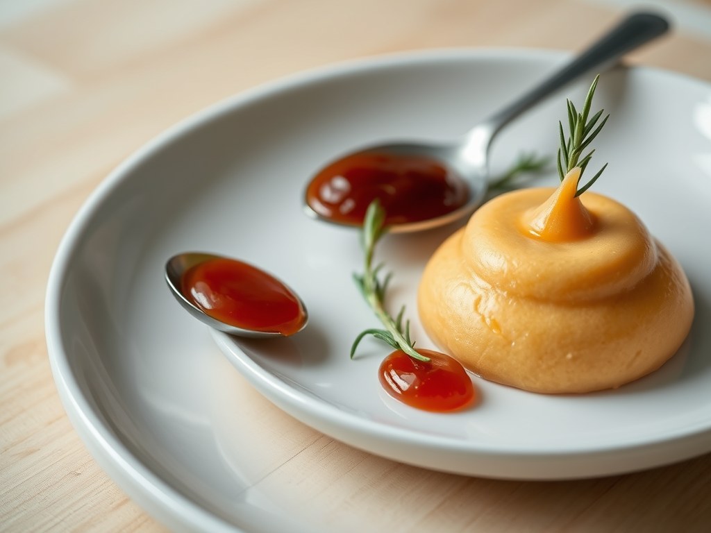 Mousse van sinaasappel met rode sjalottenmarmelade, AI-gegenereerde illustratie