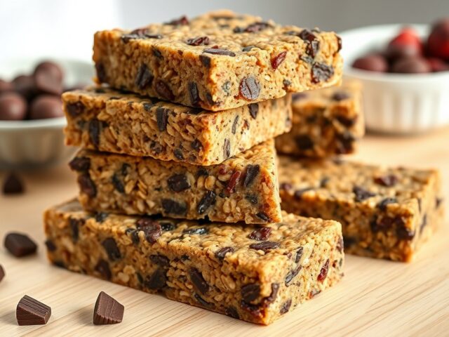 Mueslireep met fruit en chocolade