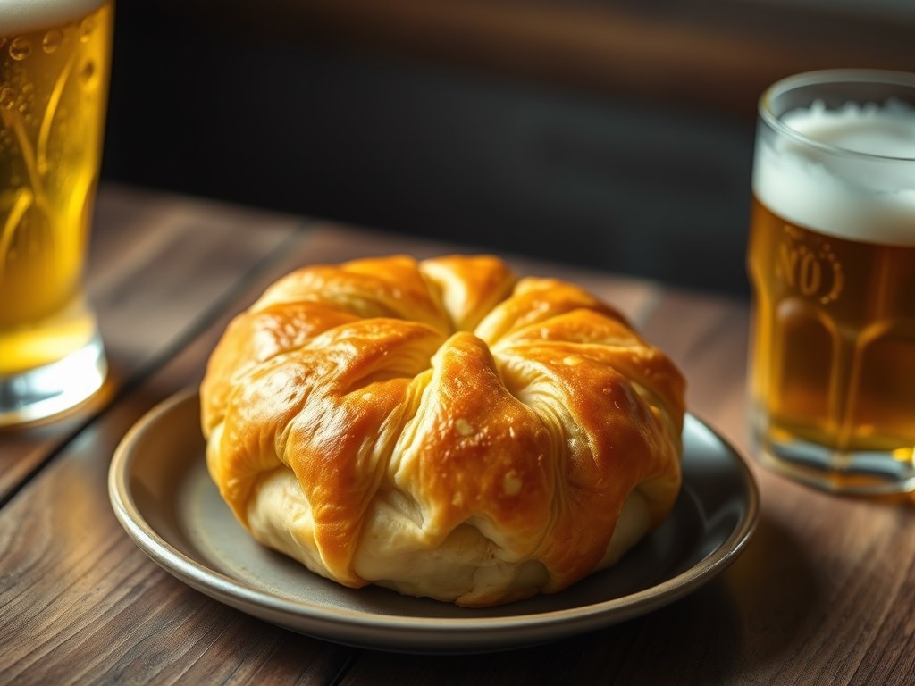Munsterkaasje in bladerdeeg en een biertje, AI-gegenereerde illustratie