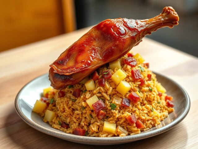 Nasi goreng met ananas en kipdrumsticks