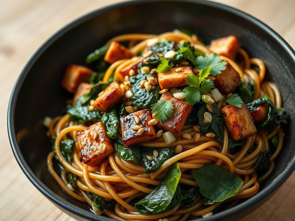 Noedels met tofu en spinazie, AI-gegenereerde illustratie