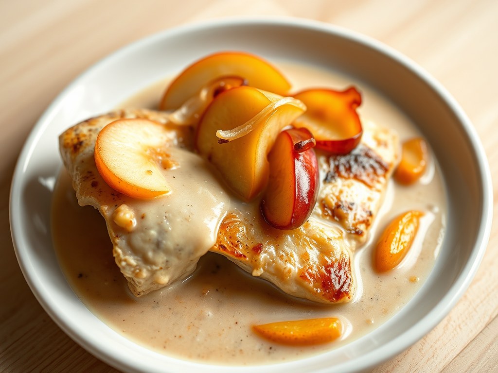 Normandische kipfilet met appeltjes, AI-gegenereerde illustratie