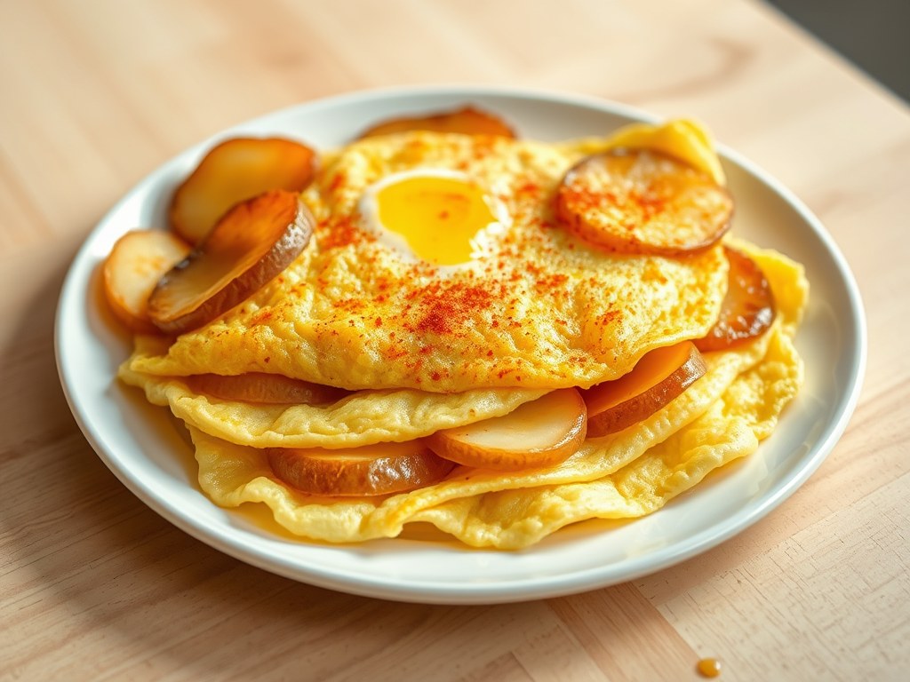 Omelet met aardappel en ui, AI-gegenereerde illustratie