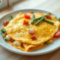 Omelet met bloemkool, boontjes, tomaat en spekjes