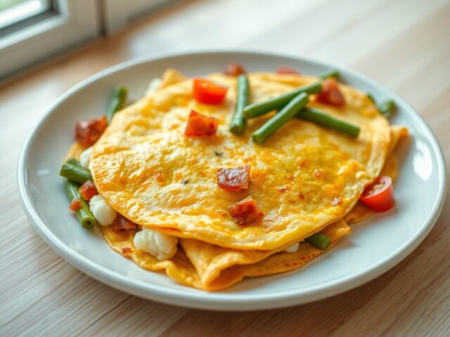 Omelet met bloemkool, boontjes, tomaat en spekjes