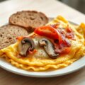 Omelet met ontbijtspek, champignons, tomaat, kaas