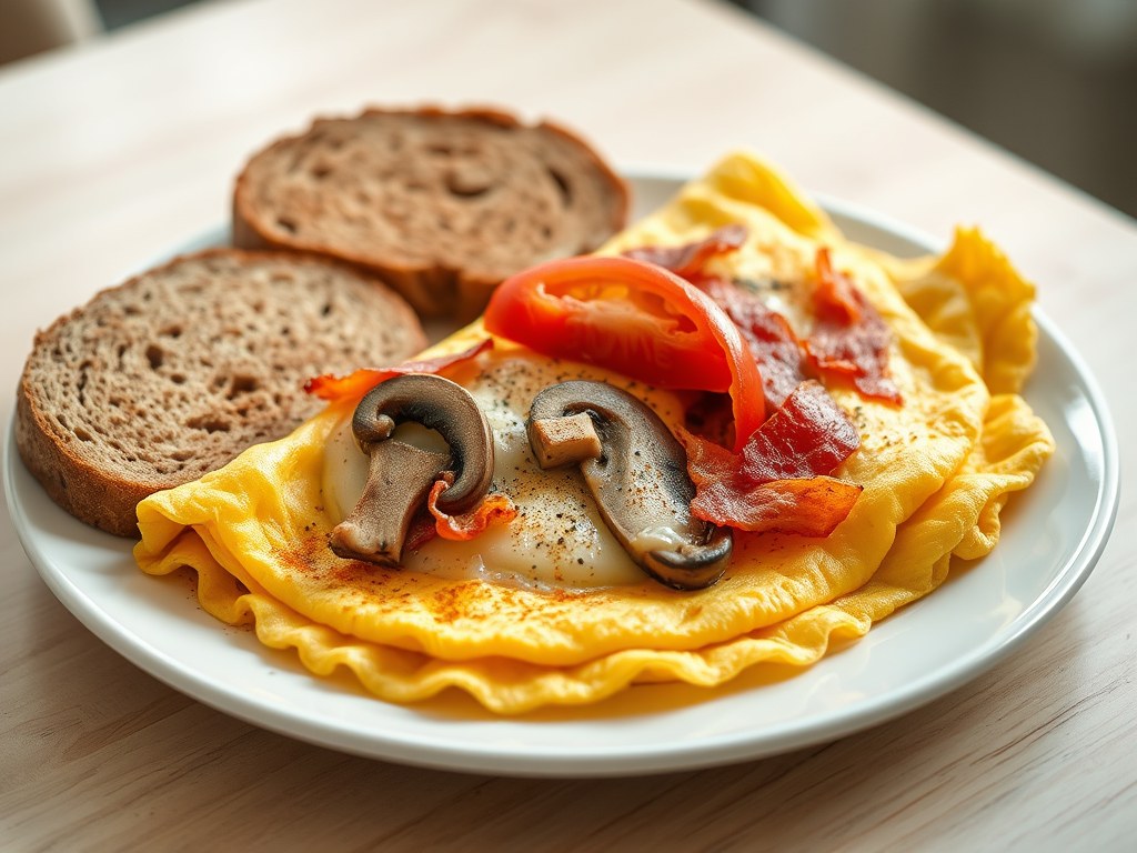Omelet met ontbijtspek, champignons, tomaat, kaas, AI-gegenereerde illustratie