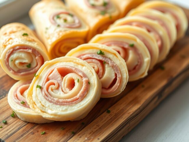 Omeletrolletjes gevuld met kruidenkaas en ham