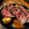 Onglet in hooi gegaard met geroosterde spruiten en biersausje