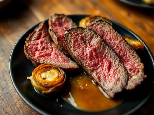 Onglet in hooi gegaard met geroosterde spruiten en biersausje