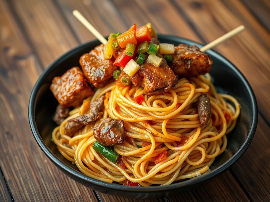Oosterse spaghettini met saté en atjar, AI-gegenereerde illustratie