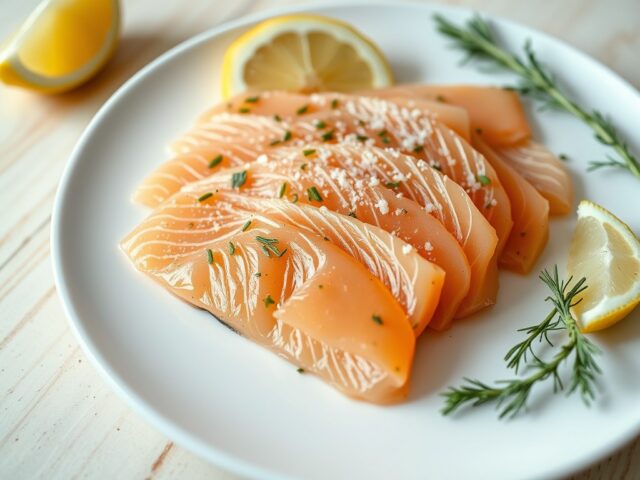 Op het bord gegaarde zalm met dille-bieslookmarinade