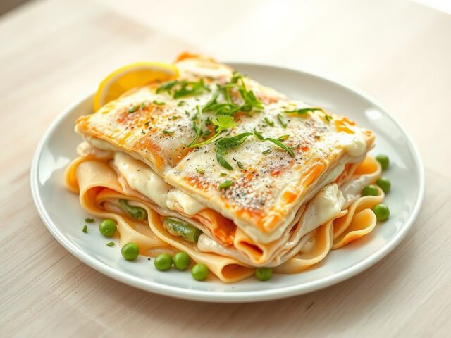 Open vislasagne met tuinkers