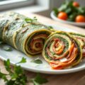 Opgerolde spinazieomelet gevuld met venkelsalami, rucola en parmezaan