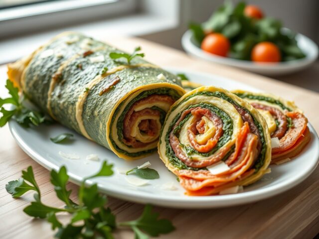 Opgerolde spinazieomelet gevuld met venkelsalami, rucola en parmezaan