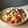 Orzo salade met gebakken pastinaak, aubergine, gepofte tomaat en honing-feta