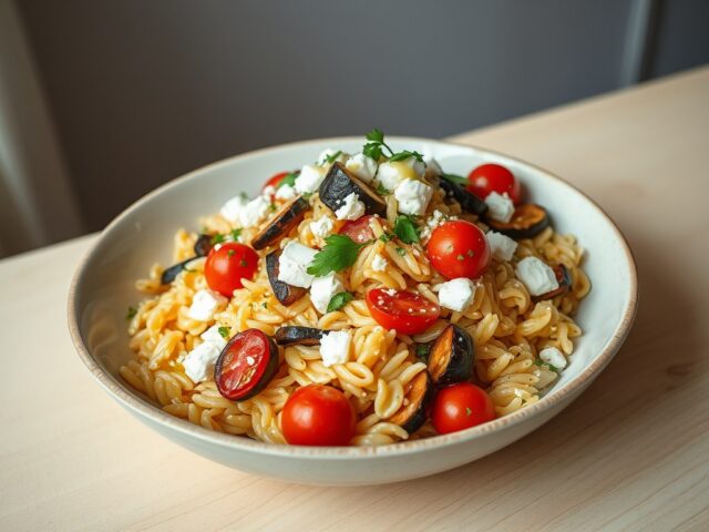 Orzo salade met gebakken pastinaak, aubergine, gepofte tomaat en honing-feta