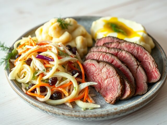 Ossenhaas met rijke koolsalade en geplette aardappeltjes