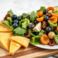 Oudekaaspuntjes met abrikozen-druivensalade