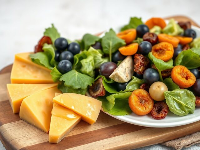 Oudekaaspuntjes met abrikozen-druivensalade