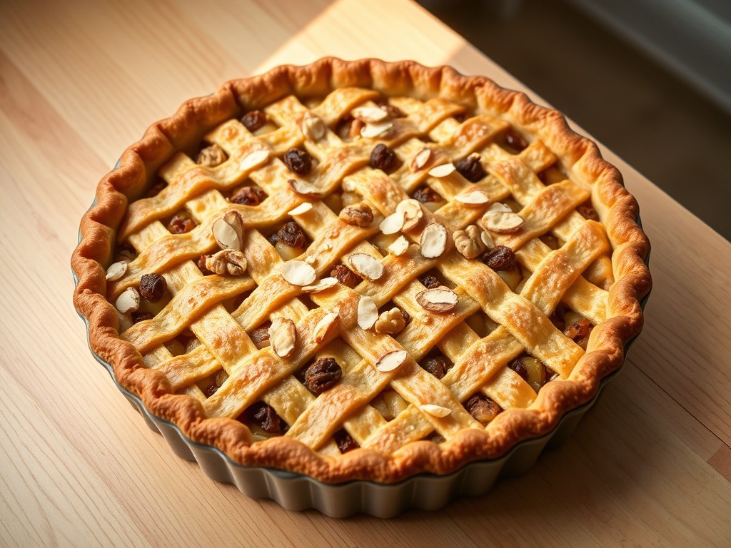 Ouderwetse lekkere appeltaart met macademianoten, AI-gegenereerde illustratie