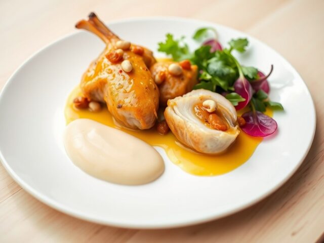 Ovengebakken konijn met saffraan, rozijnen en pijnboompitten, knolselderpuree en salade