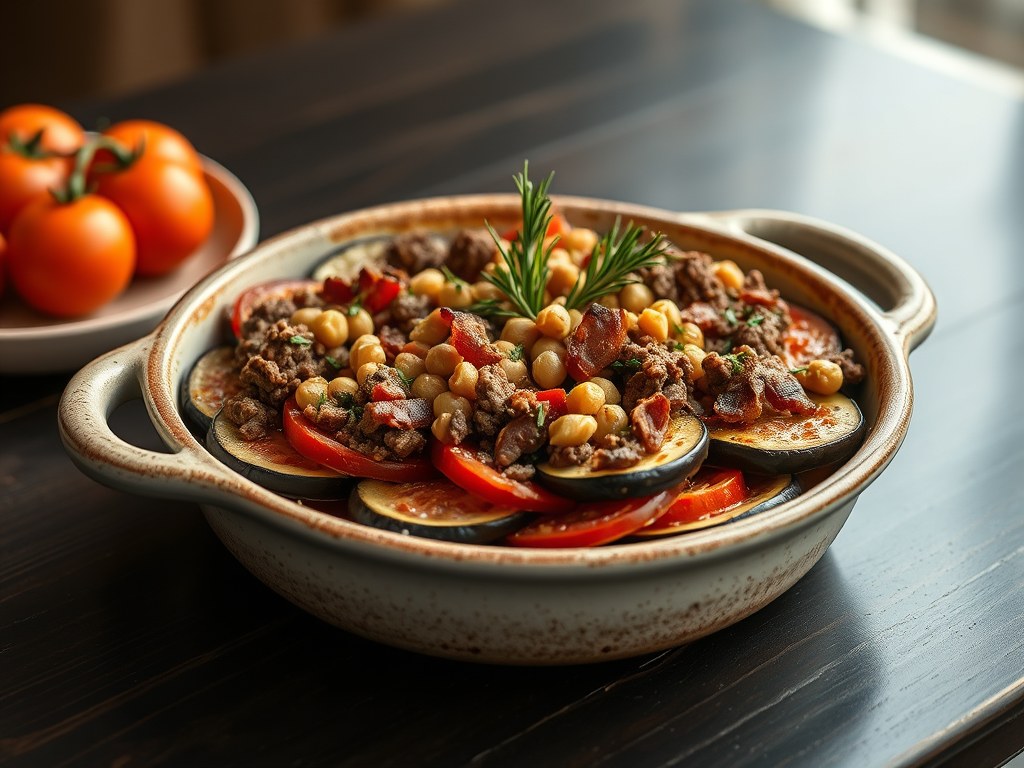 Ovenschotel met aubergine en tomaat, AI-gegenereerde illustratie