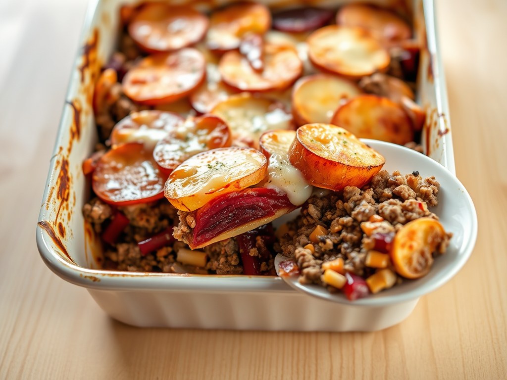 Ovenschotel met bietjes en gehakt, AI-gegenereerde illustratie