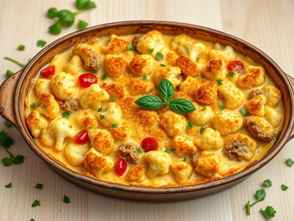 Ovenschotel met bloemkool, tomaat en basilicum, AI-gegenereerde illustratie