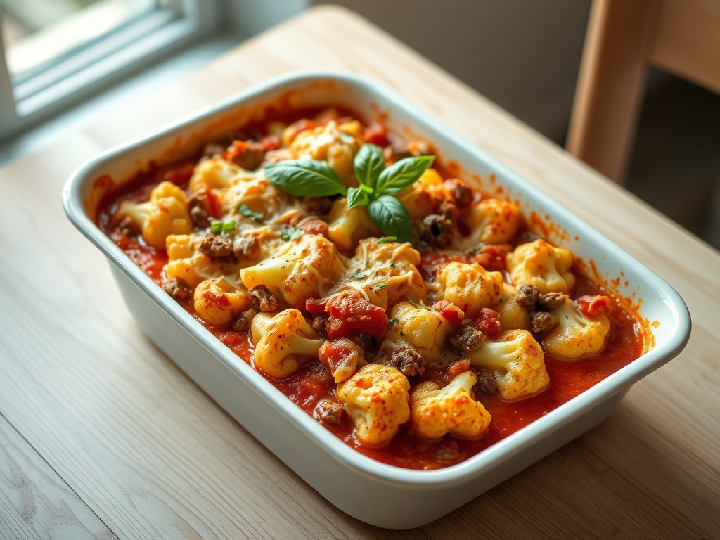Ovenschotel met bloemkool, tomaat en basilicum, AI-gegenereerde illustratie