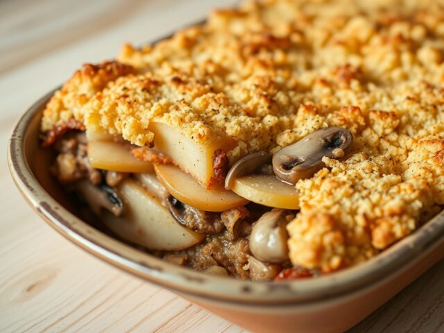 Ovenschotel met champignons, ui, gehakt en appel
