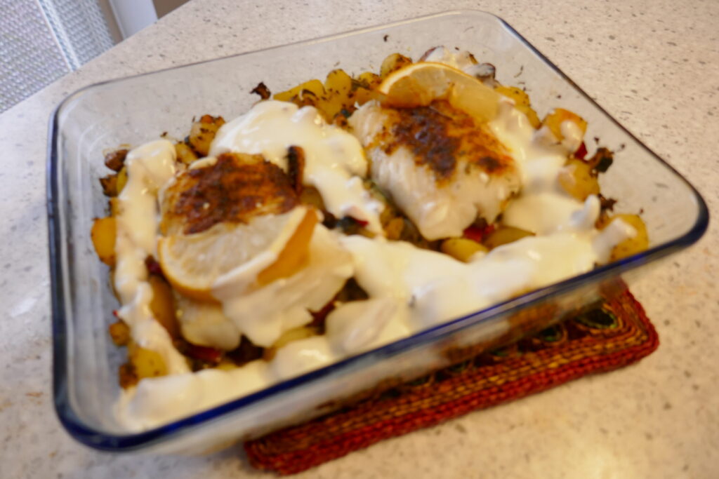 Ovenschotel met kabeljauw, paprika, courgette en minikriel