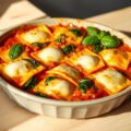 Ovenschotel met ravioli, mozzarella en spinazie