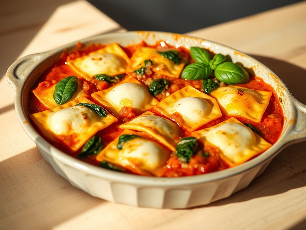 Ovenschotel met ravioli, mozzarella en spinazie, AI-gegenereerde illustratie