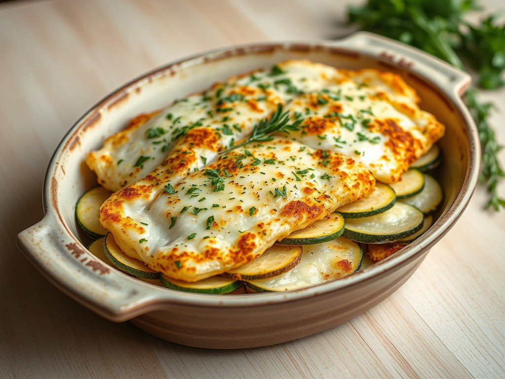 Ovenschotel met schol, courgette en rösti, AI-gegenereerde illustratie