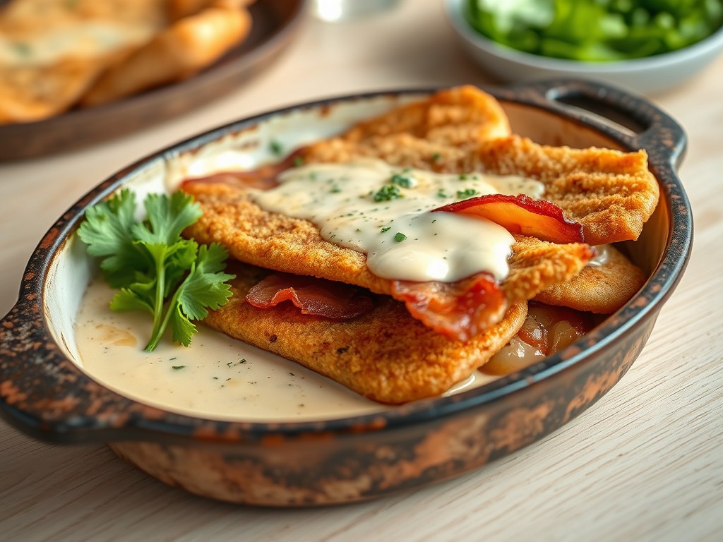 Ovenschotel met snitsels en gerookt spek, AI-gegenereerde illustratie