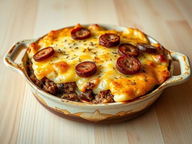 Ovenschotel met zuurkool en pittig gehakt