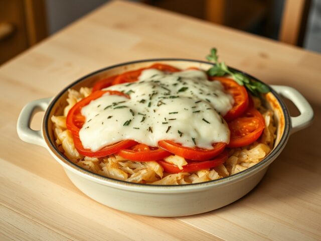 Ovenschotel met zuurkool, tomaat en mozzarella
