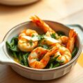 Ovenschoteltje van scampi’s in ’t groen