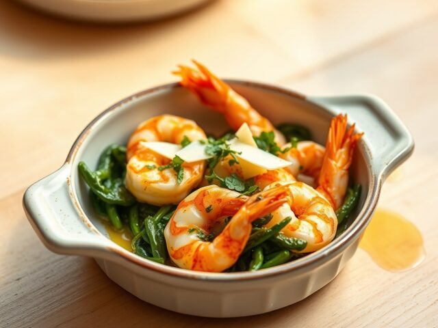 Ovenschoteltje van scampi’s in ’t groen