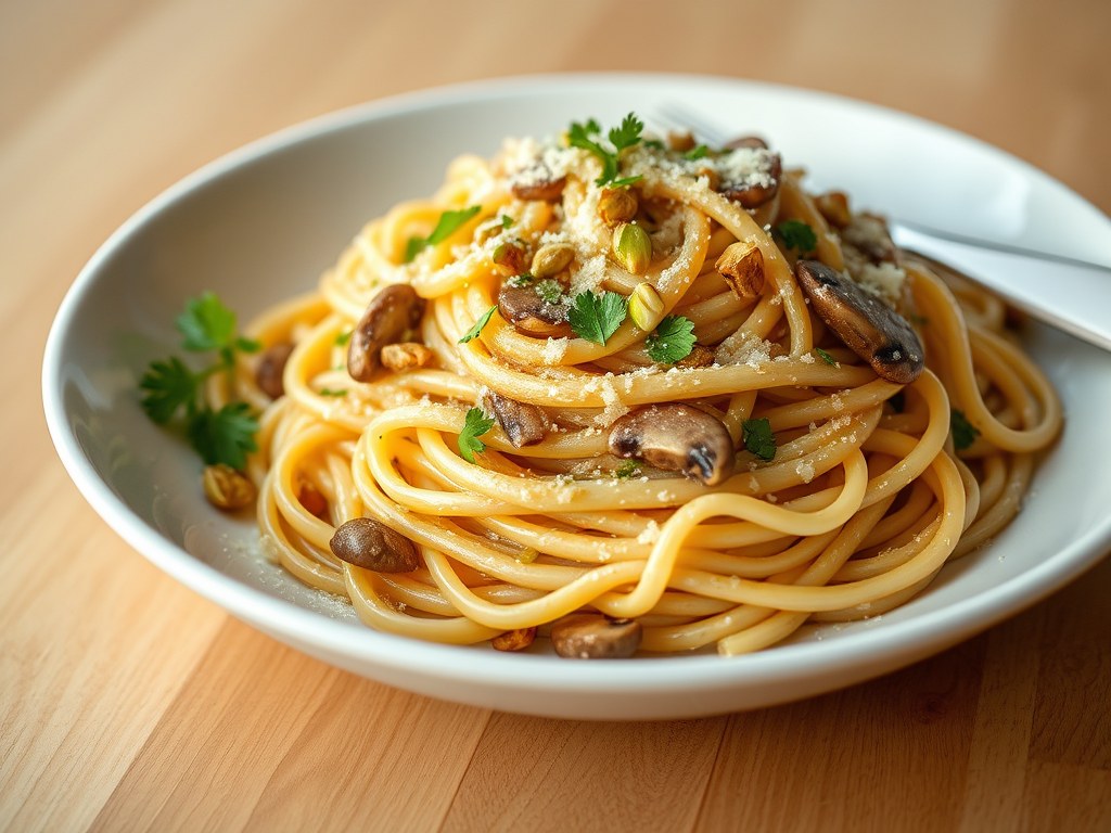 P-4 (Pasta, Paddestoelen, Pistachenootjes, Parmezaan), AI-gegenereerde illustratie