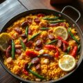 Paëlla met chorizo, spiering van Iberico en scampi’s