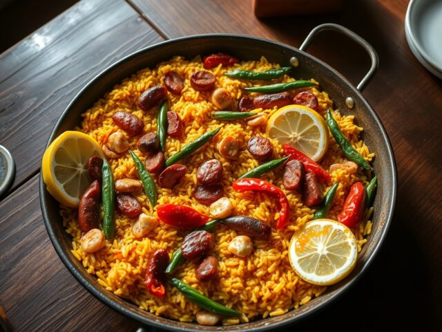 Paëlla met chorizo, spiering van Iberico en scampi’s